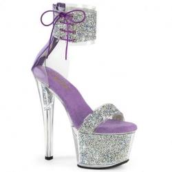Sandale pole exotic argentée strass à plateforme rempli de strass plexi et talon 18 cm Pleaser