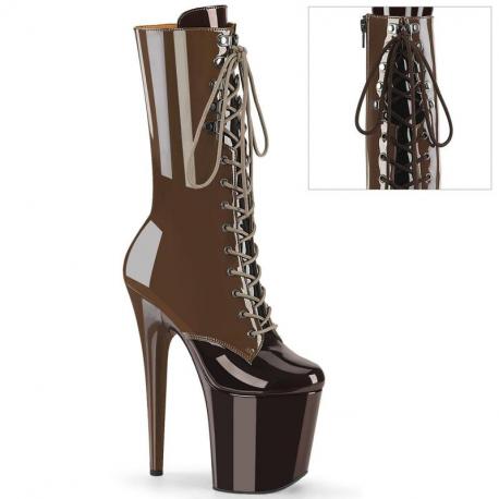 Bottine pole dance bicolore moka / café vernis à plateforme assortie mate et talon 20 cm Pleaser
