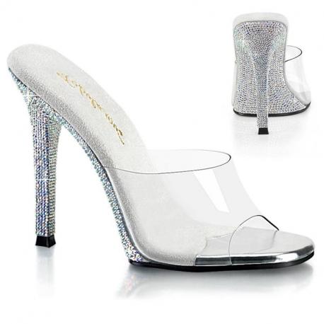 Mule femme transparente à haut talon incrusté de strass