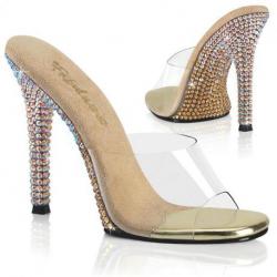 Mule femme transparente à haut talon strass en dégradé doré