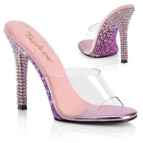 Mule femme transparente à haut talon strass rose