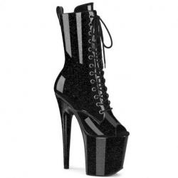 Bottine pole dance peep toe noire vernis à plateforme assortie et talon 20 cm Pleaser