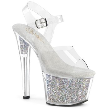 Chaussure pole dance/exotic transparente et paillettes argentées et talon 18 cm SKY308RSI/C/C-SRS