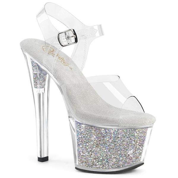 Chaussure pole dance/exotic transparente et paillettes argentées et talon 18 cm SKY308RSI/C/C-SRS