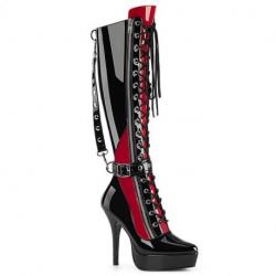 Bottes fetish Hautes Lacées à Talon Aiguille Vernis Noir et Rouge INDULGE-2028