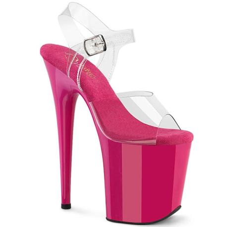 Chaussure pole dance transparente & rose fuchsia à talon 20 cm Pleaser FLAM808/C/HP